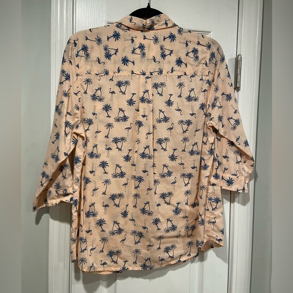 Sonoma Size M Pink Blue 3/4 Sleeve Button Down Shirt Flamingo Palm Tree Print - Picture 7 of 9